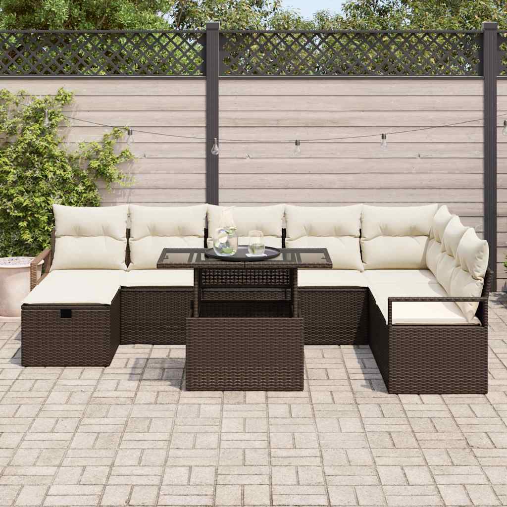 vidaXL 9-delige ligbed set met kussens bruin poly rattan