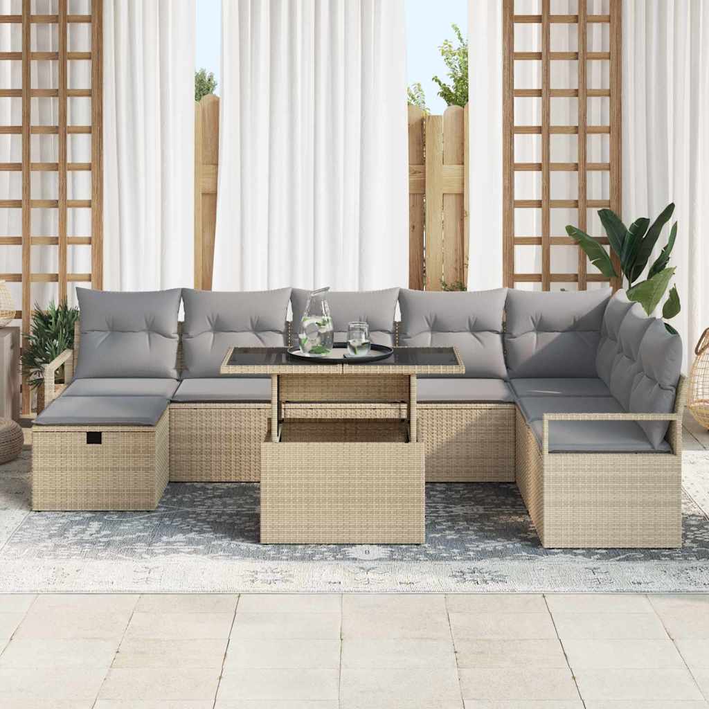 vidaXL 9-delige tuinset met kussens in Beige Poly Rattan