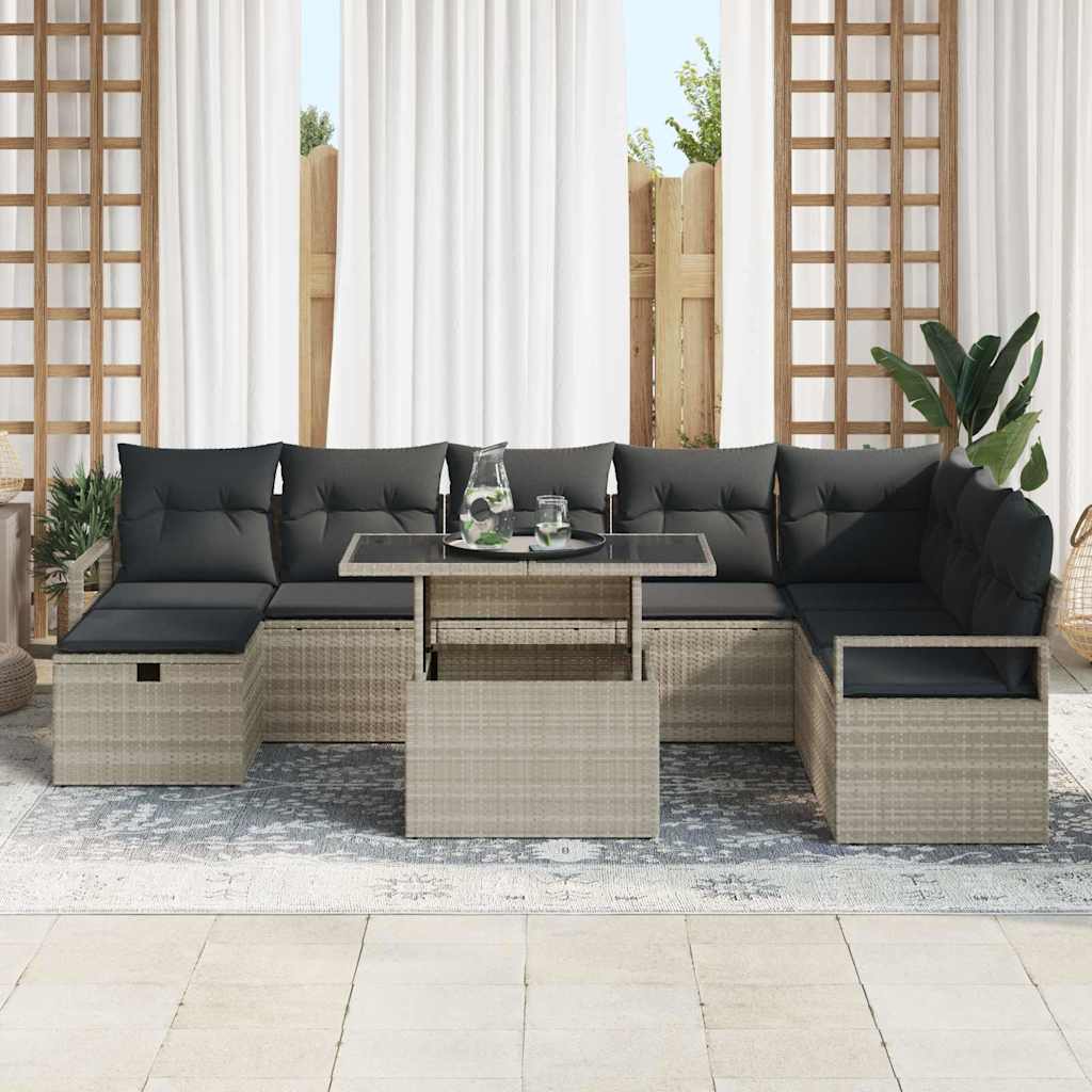 vidaXL 9-delige tuinset met kussens - Lichtgrijs Poly Rattan