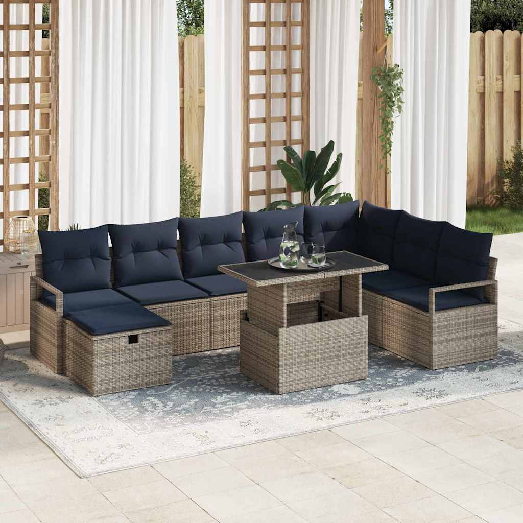 vidaXL Set de canapele pentru grădină cu pernă 9 pcs Gri Rattan poli