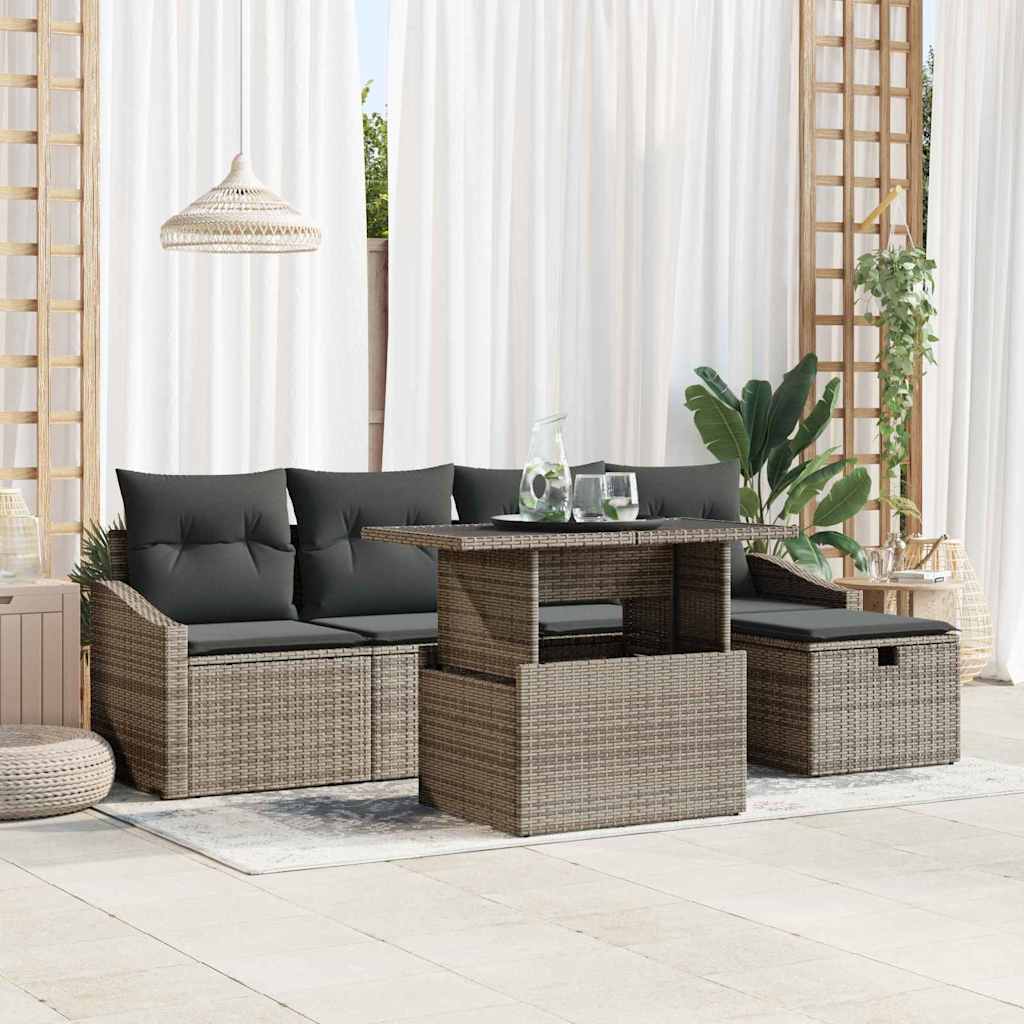 6-teiliges Garten Sofa Set mit Kissen Grau Poly Rattan