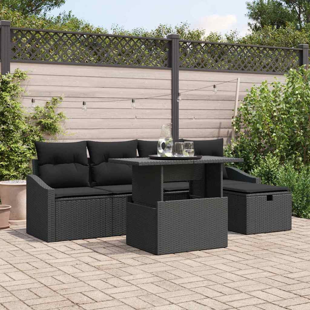 6-teiliges Garten Sofa Set mit Kissen Schwarz Poly Rattan