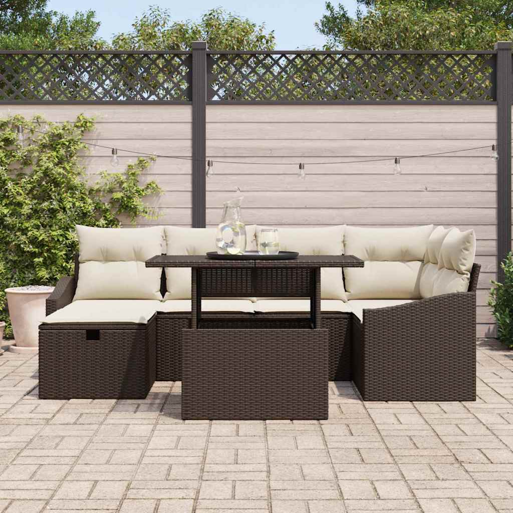 vidaXL 7-delige tuinset met kussens bruin poly rattan