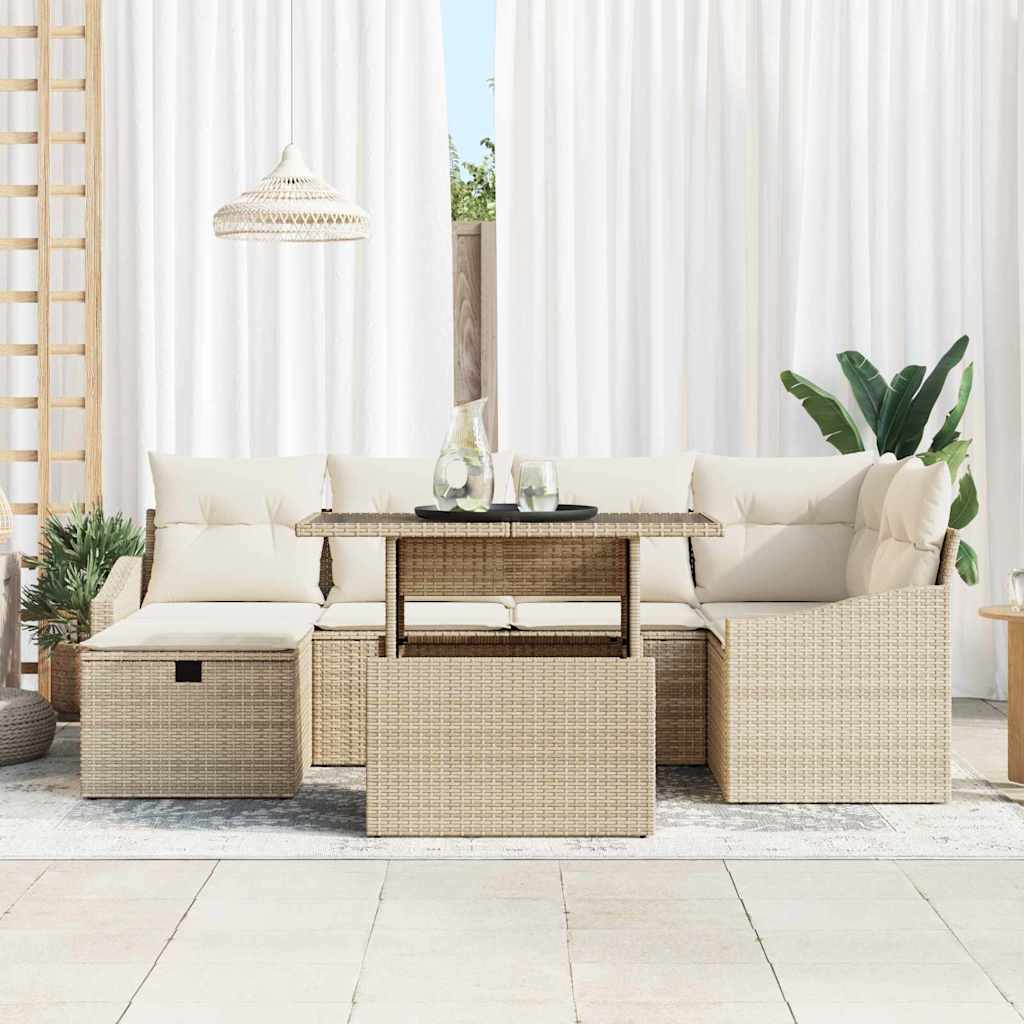 vidaXL 7-delige tuinset met kussens in Beige Poly Riet