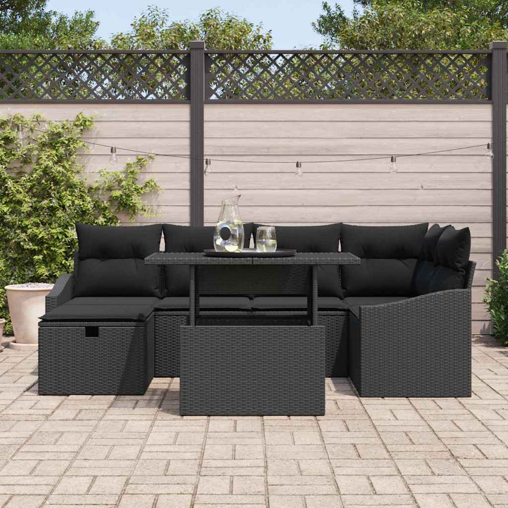 vidaXL 7-delige Tuinbankenset met kussens poly rattan zwart
