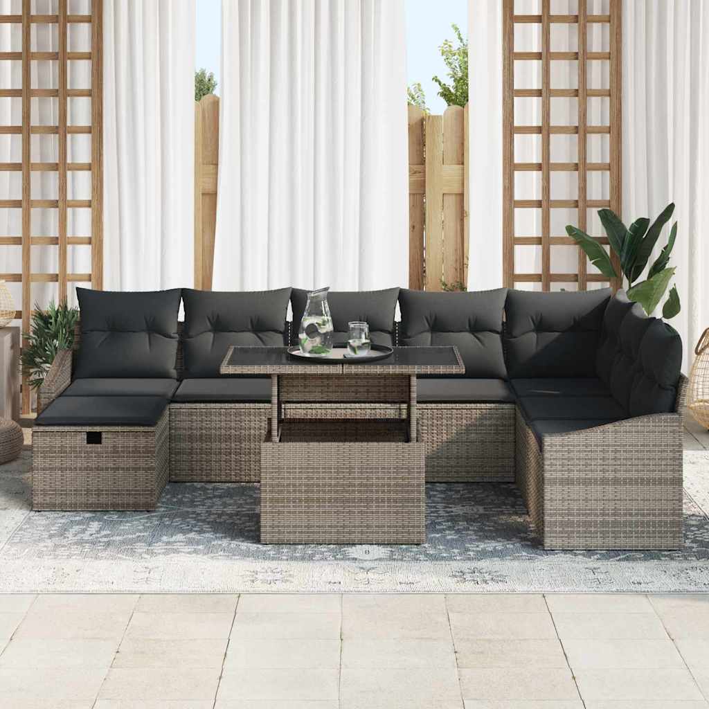 vidaXL 9-delige tuinsofa set met kussens in het grijs van poly riet