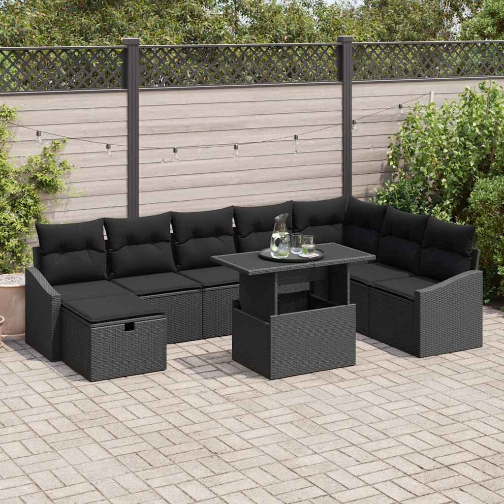 9 Dels Have Sofa Sæt med Puder Sort Poly Rattan