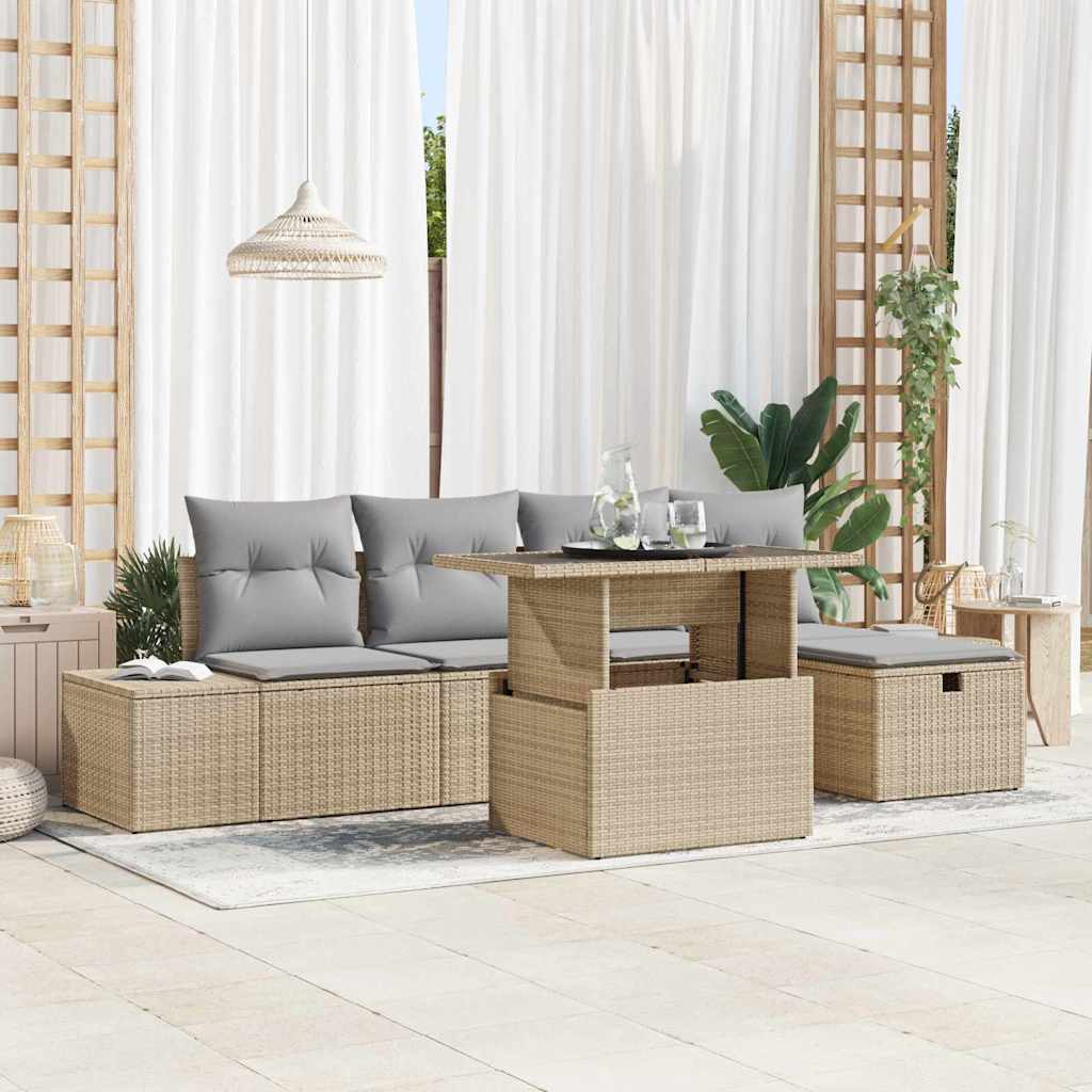 6 stykker havemøbel sæt med puder beige poly rattan