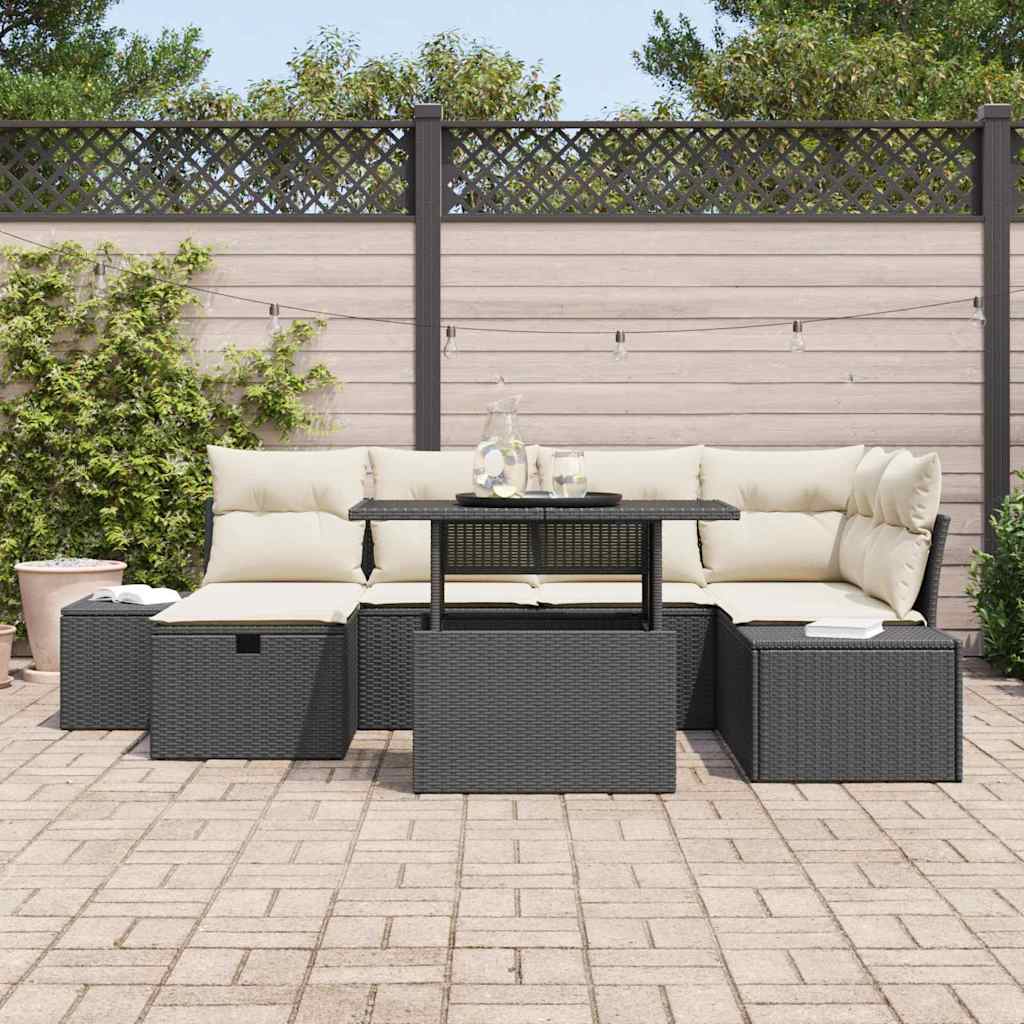 vidaXL 7-delige Tuinbankenset met kussens poly rattan zwart