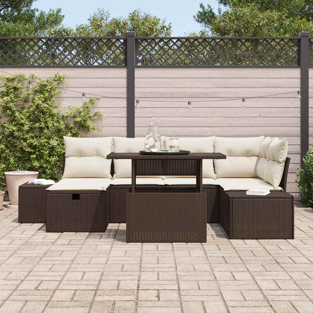 vidaXL 7-delige Tuinbankenset met kussens poly rattan bruin