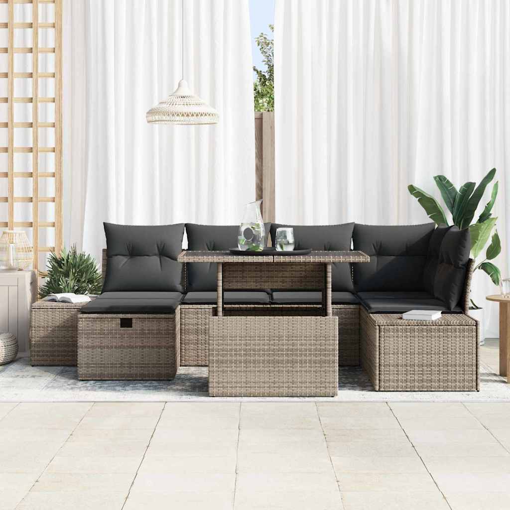 vidaXL 7-delige Tuinbankenset met kussens poly rattan grijs