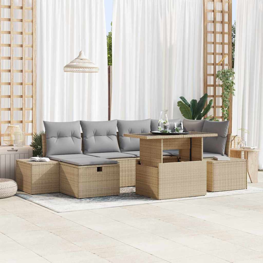 7 Delt Have Sofa Sæt med Puder Beige Poly Rattan