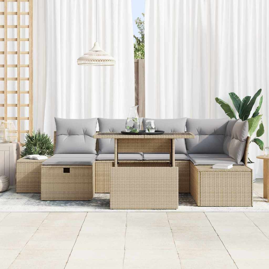vidaXL 7-delige Tuinbankenset met kussens poly rattan beige