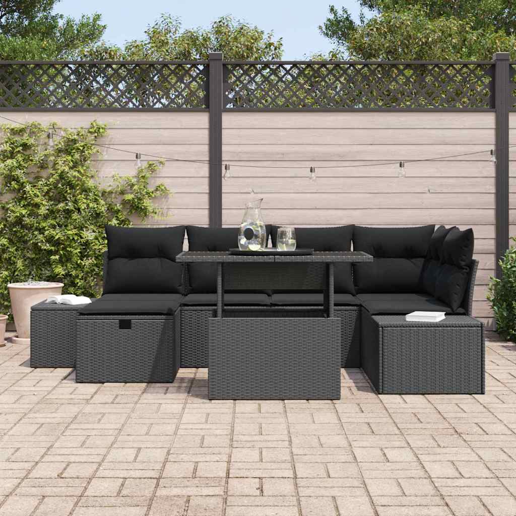 vidaXL 7-delige Tuinbankenset met kussens poly rattan zwart