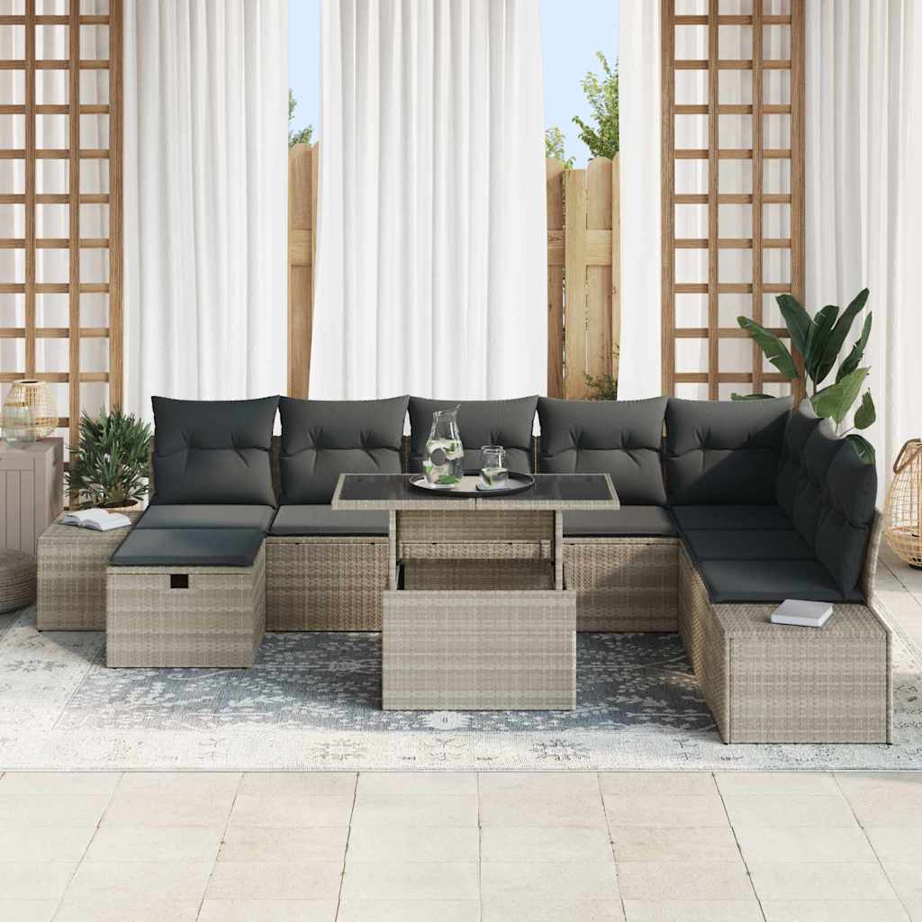 vidaXL 9-delige tuinsofa set met lichtgrijze poly rieten kussens