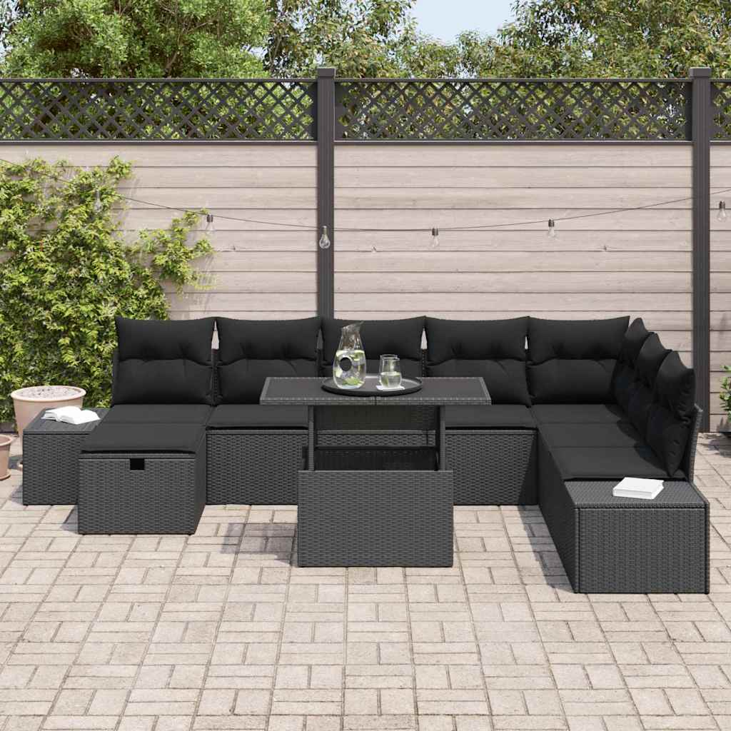vidaXL 9-delige tuinset met kussens in zwart poly rattan