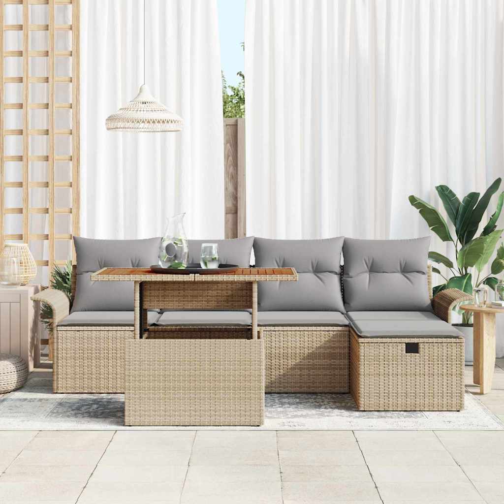 vidaXL 6-delige Tuinset met Kussens Beige Poly Rattan