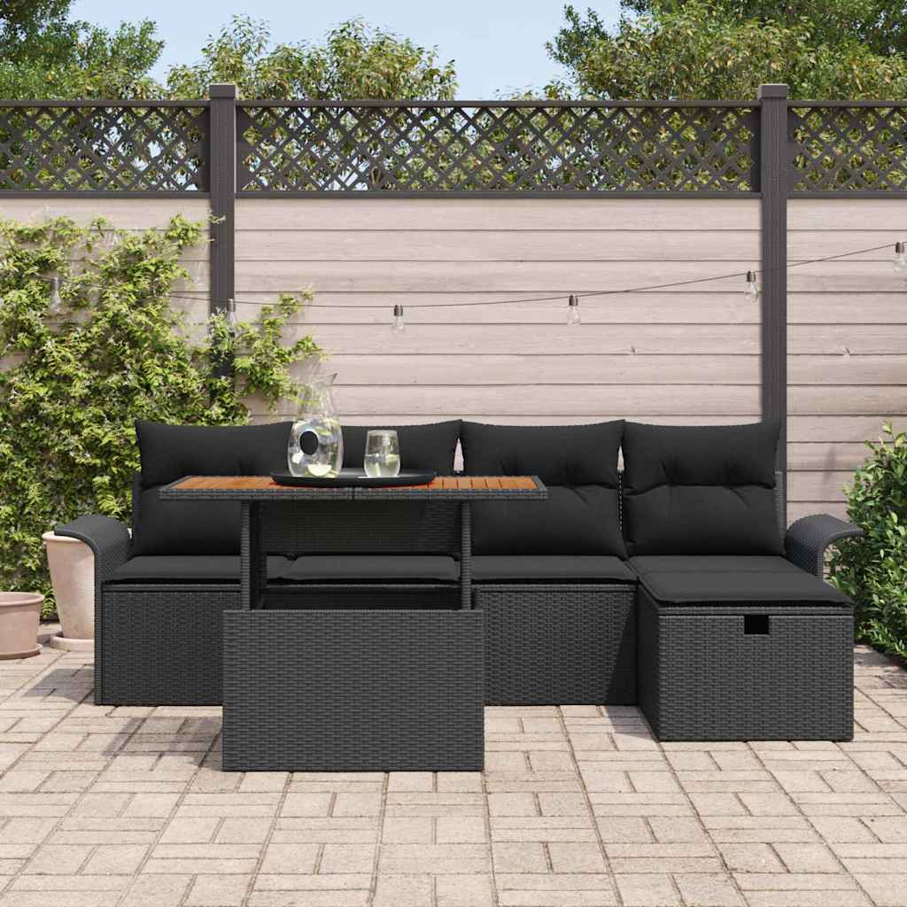 vidaXL 6-delige tuinbankset met kussens in zwart poly rattan
