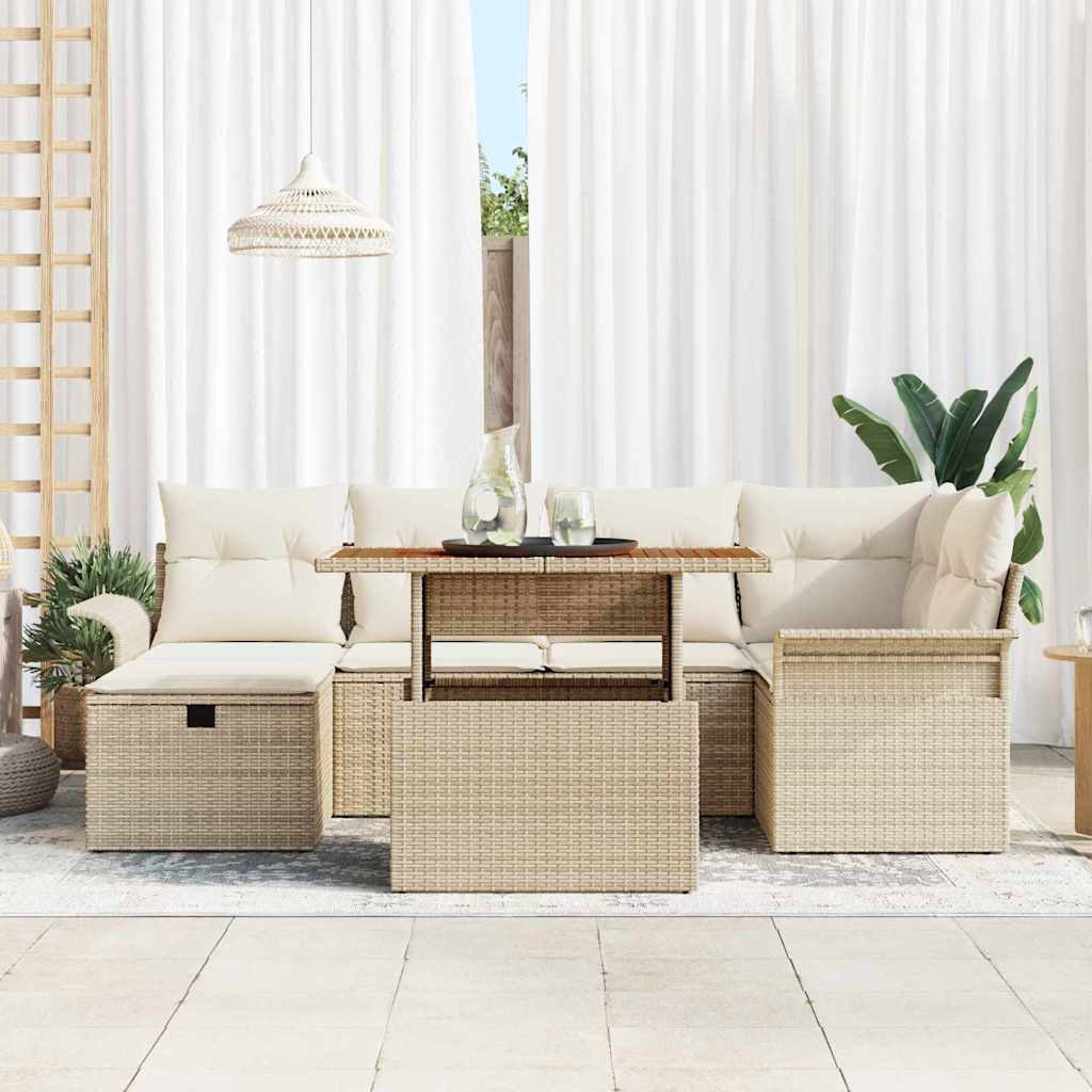 vidaXL 7-delige tuinset met kussens - beige poly rattan