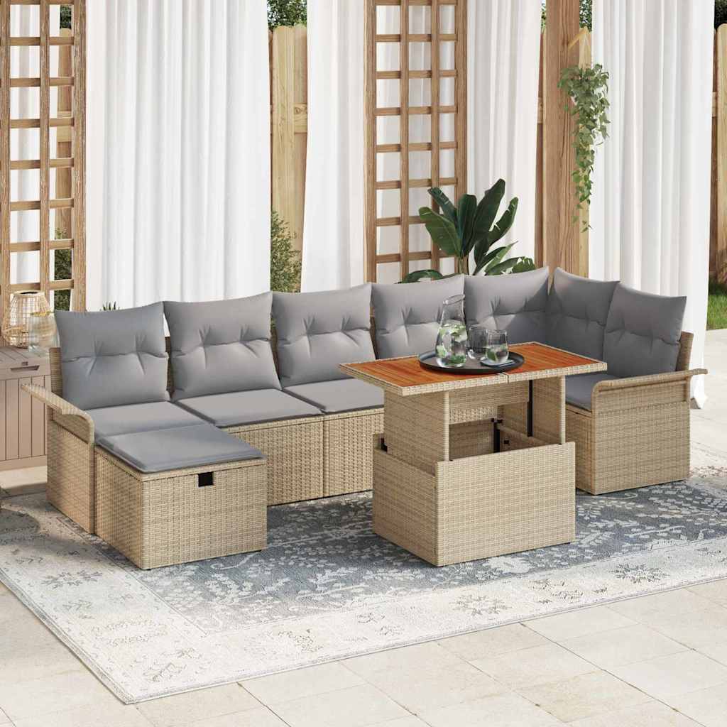 8 stykker havemøbelsæt med puder beige poly rattan