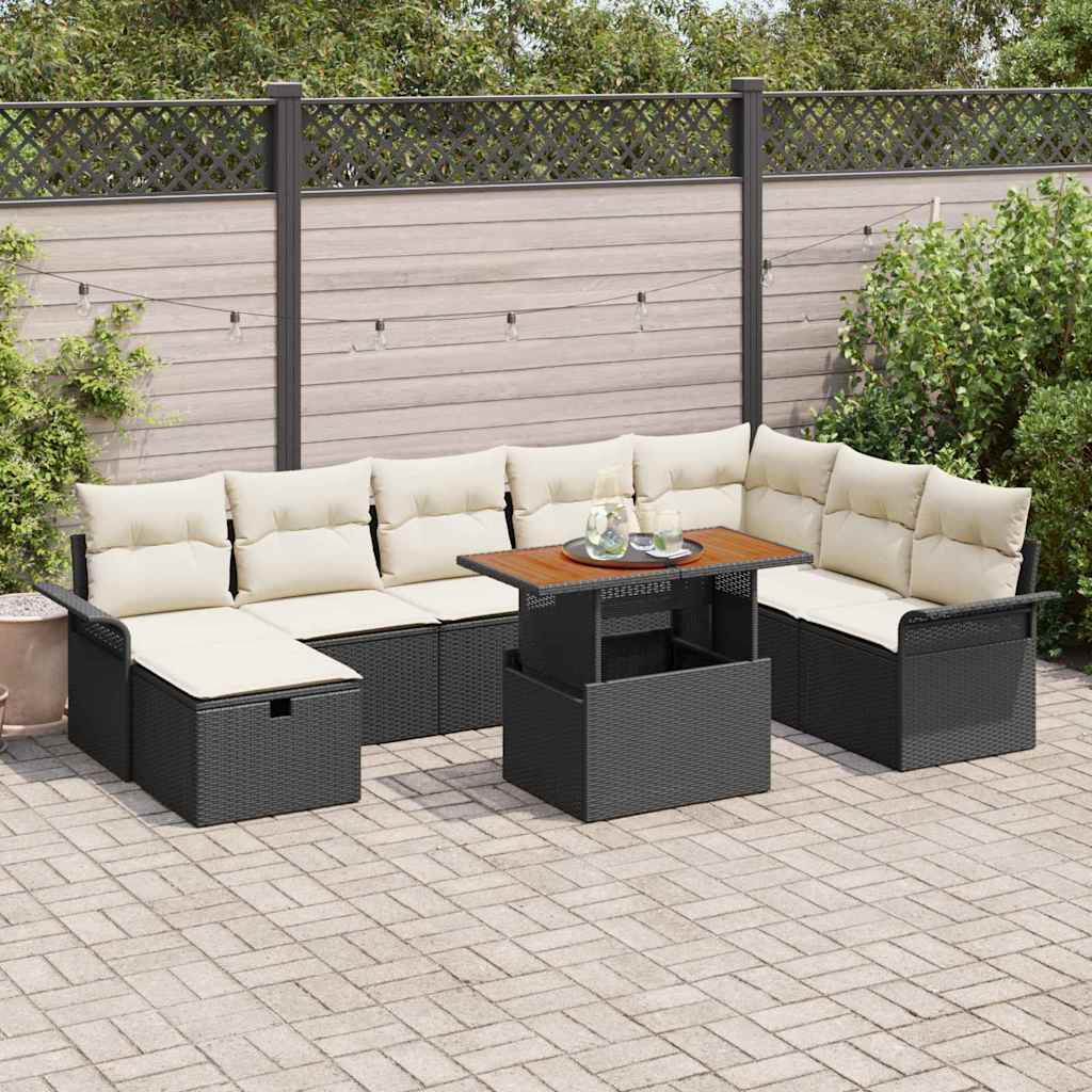 9 Styk Have Sofa Sæt med Puder Sort Poly Rattan