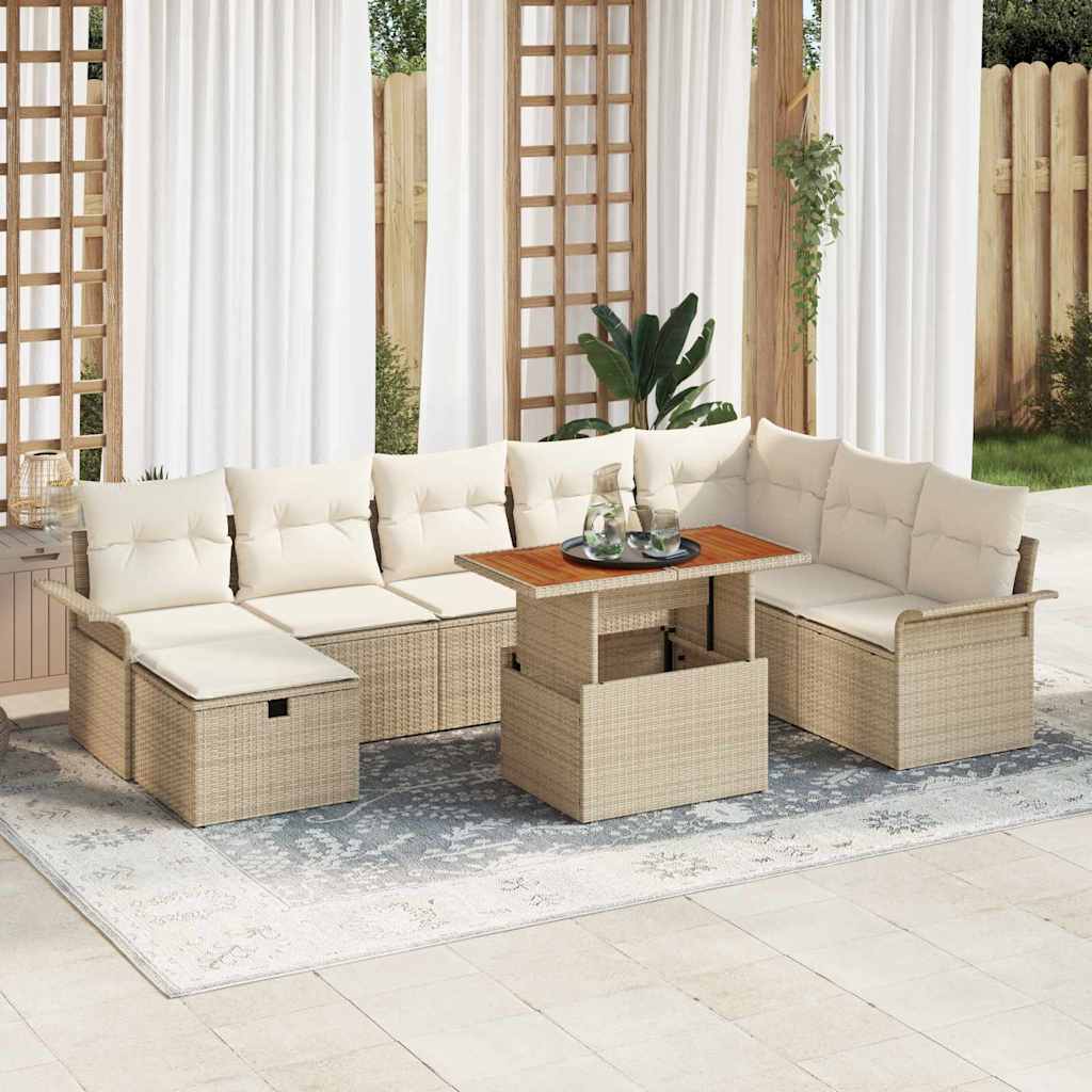 9 Stykker Havemøbel Sæt med Puder Beige Poly Rattan