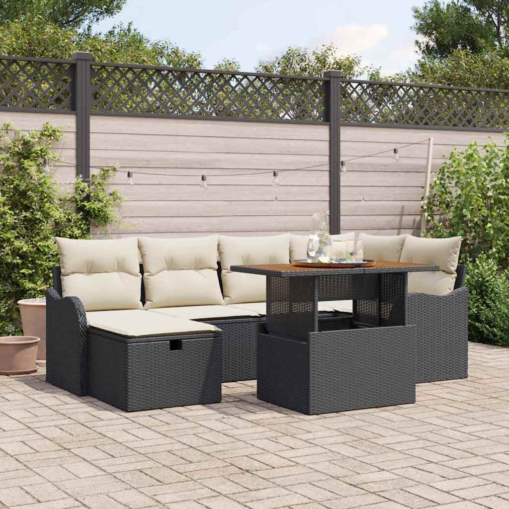 7-teiliges Garten Sofa Set mit Kissen Schwarz Poly Rattan