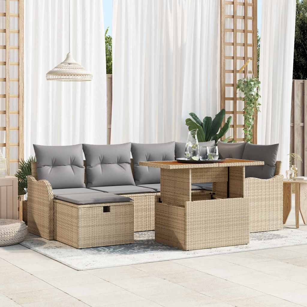 7-teiliges Garten Sofa Set mit Kissen Beige Poly Rattan