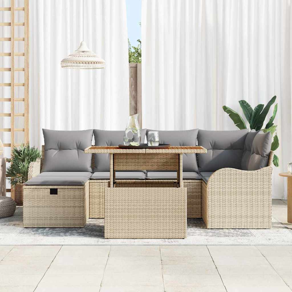 vidaXL 7-delige Tuinbankenset met kussens poly rattan beige