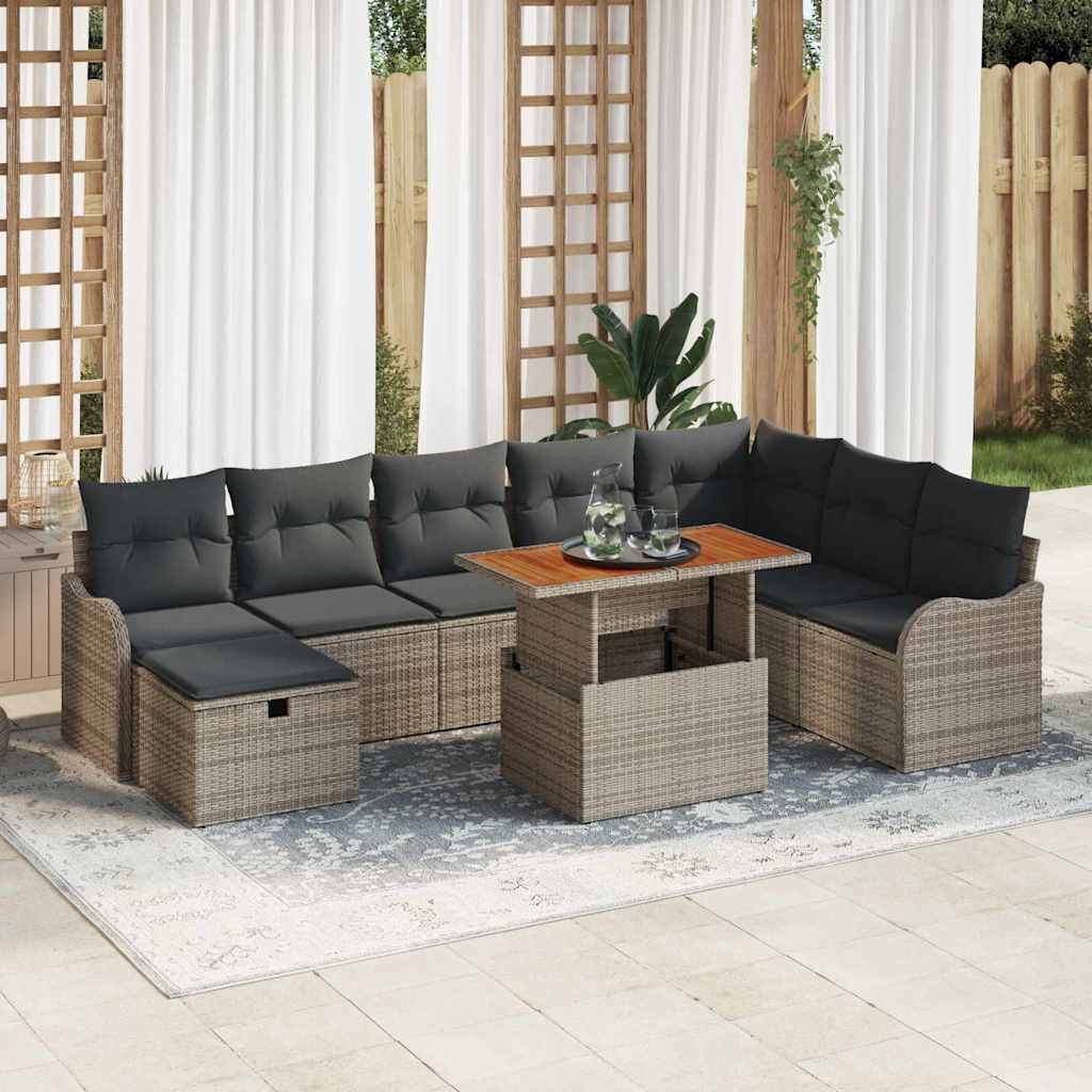 9-Delers Have Sofa Sæt med Puder Grå Poly Rattan, vidaXL 2-sæders Have Sofa med Puder Grå Poly Rattan