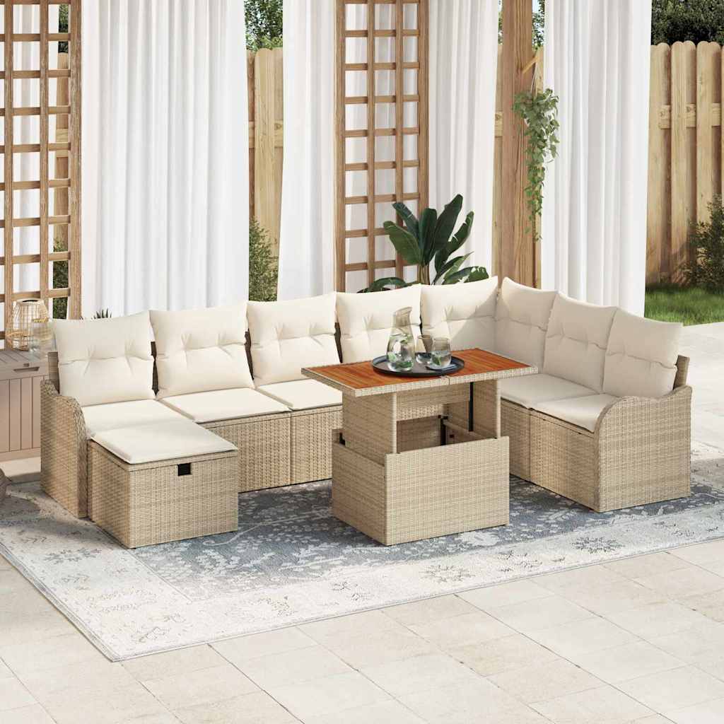 9-teiliges Garten-Sofa-Set mit Kissen Beige Poly-Rattan