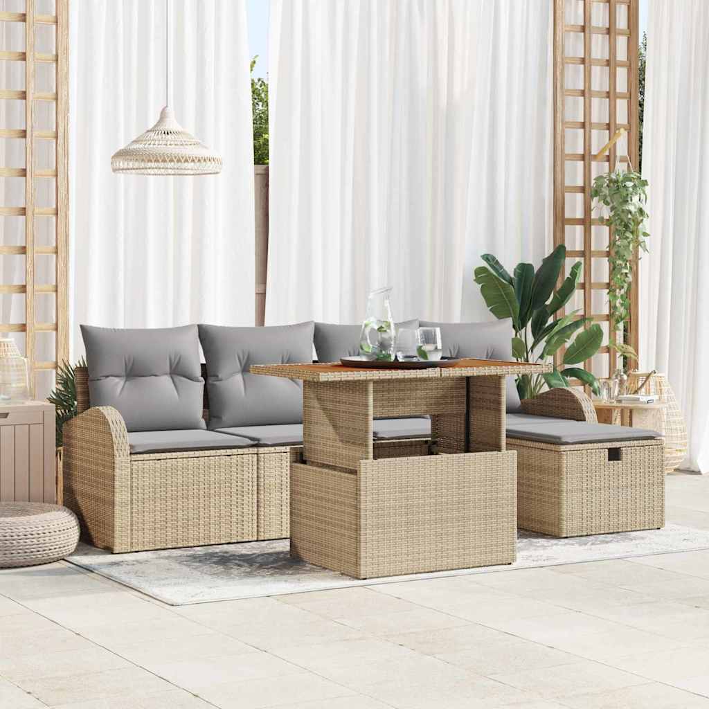6-teiliges Garten Sofa Set mit Kissen Beige Poly Rattan