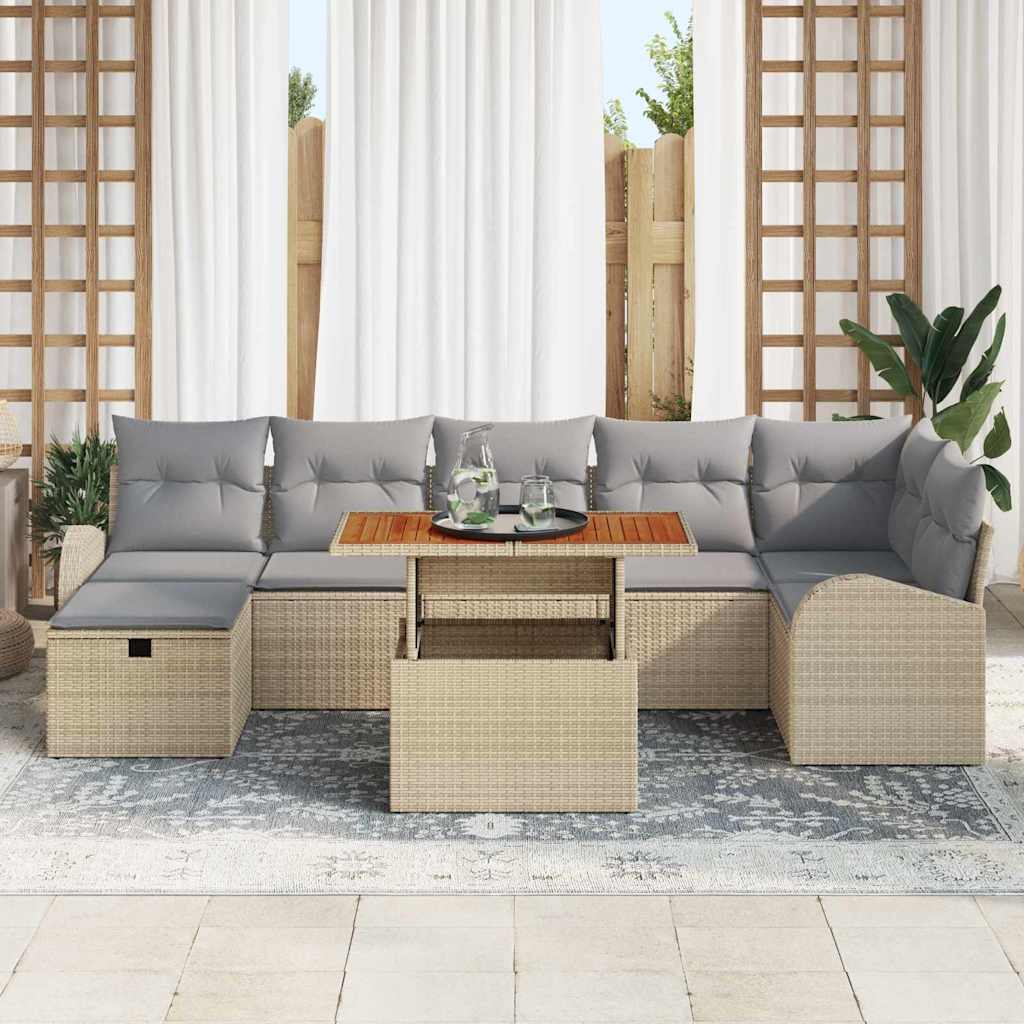 vidaXL 8-delige tuinbankset met beige kussens van poly rattan