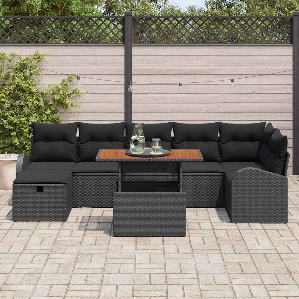 vidaXL 8-delige tuinset met kussens Zwart Poly Riet