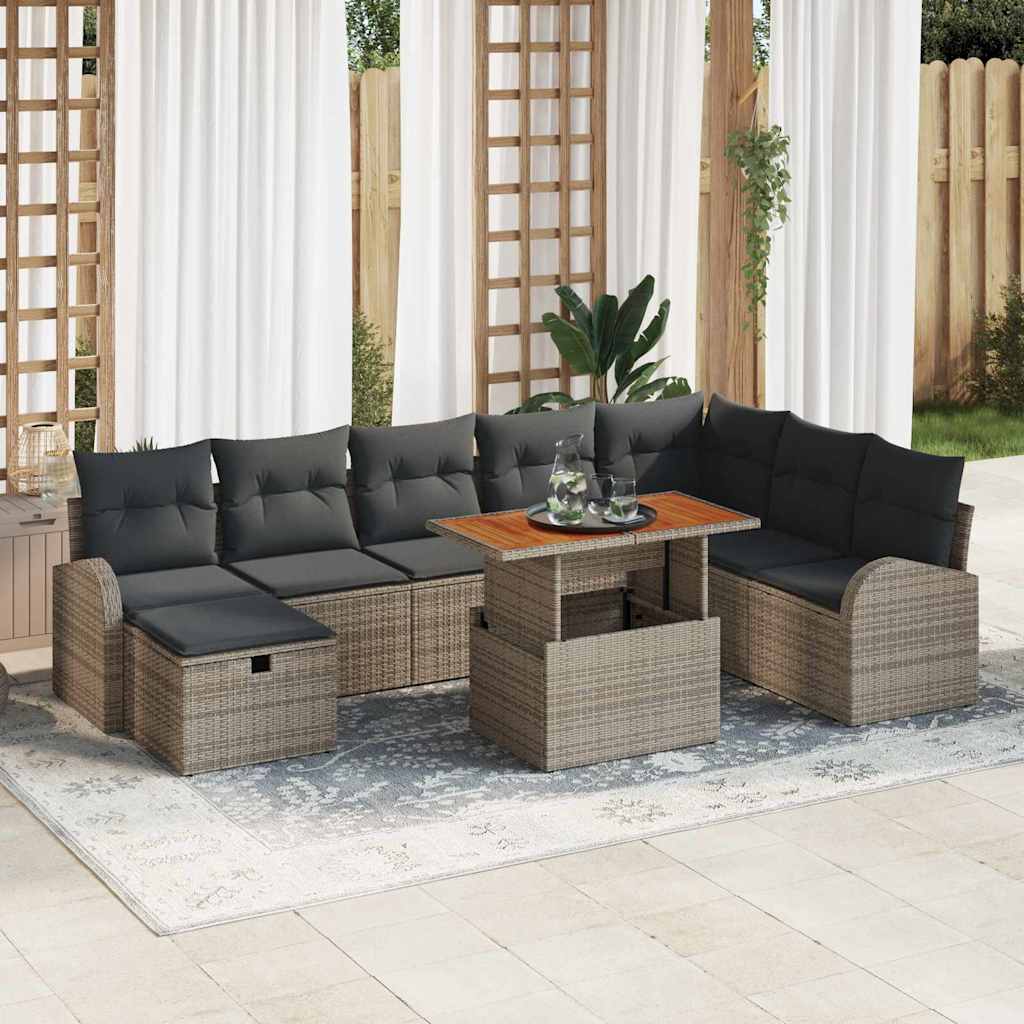 9-tlg. Garten-Sofagarnitur mit Kissen Grau Poly Rattan