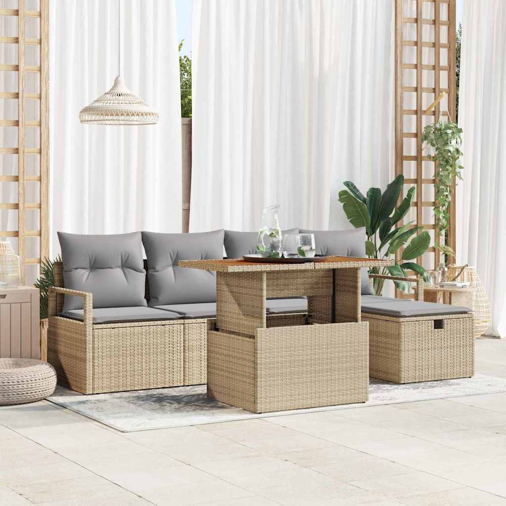 6-delt Have Sofa Sæt med Puder Beige Polyrattan, vidaXL 2-personers Have Sofa med Puder Beige Polyrattan