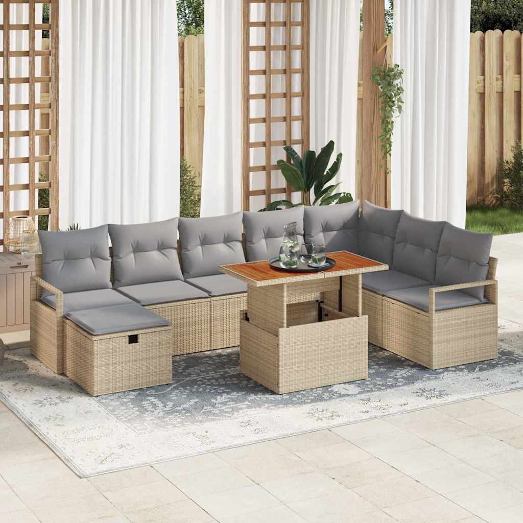 9 Stykke Have Sofa Sæt med Puder Beige Poly Rattan, vidaXL 2-sæders Have Sofa med Puder Beige Poly Rattan