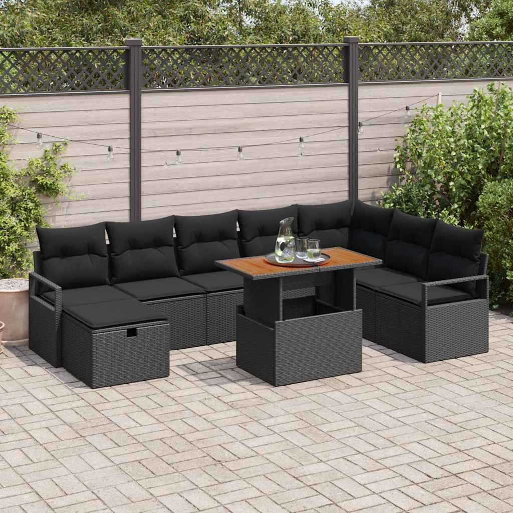 9 Stykker Have Sofa Sæt med Pudernes Sort Poly Rattan, vidaXL 2-personers Have Sofa med Puder Sort Poly Rattan