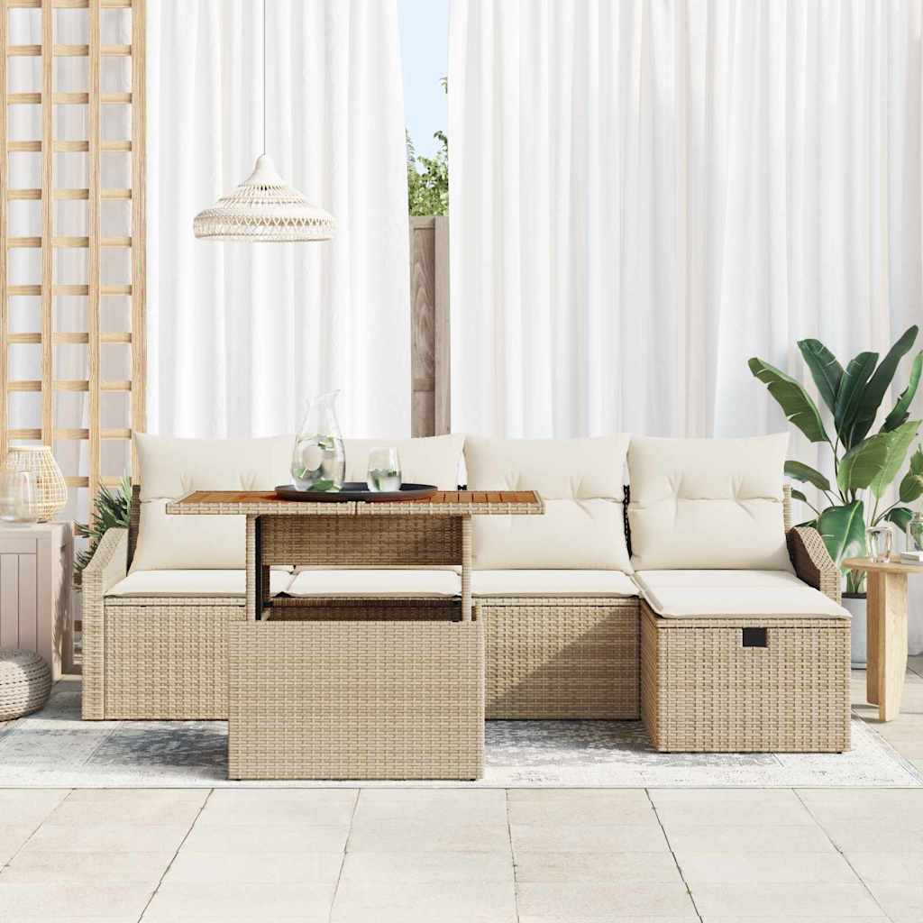 vidaXL 6-delige tuinbankset met kussens beige poly rattan