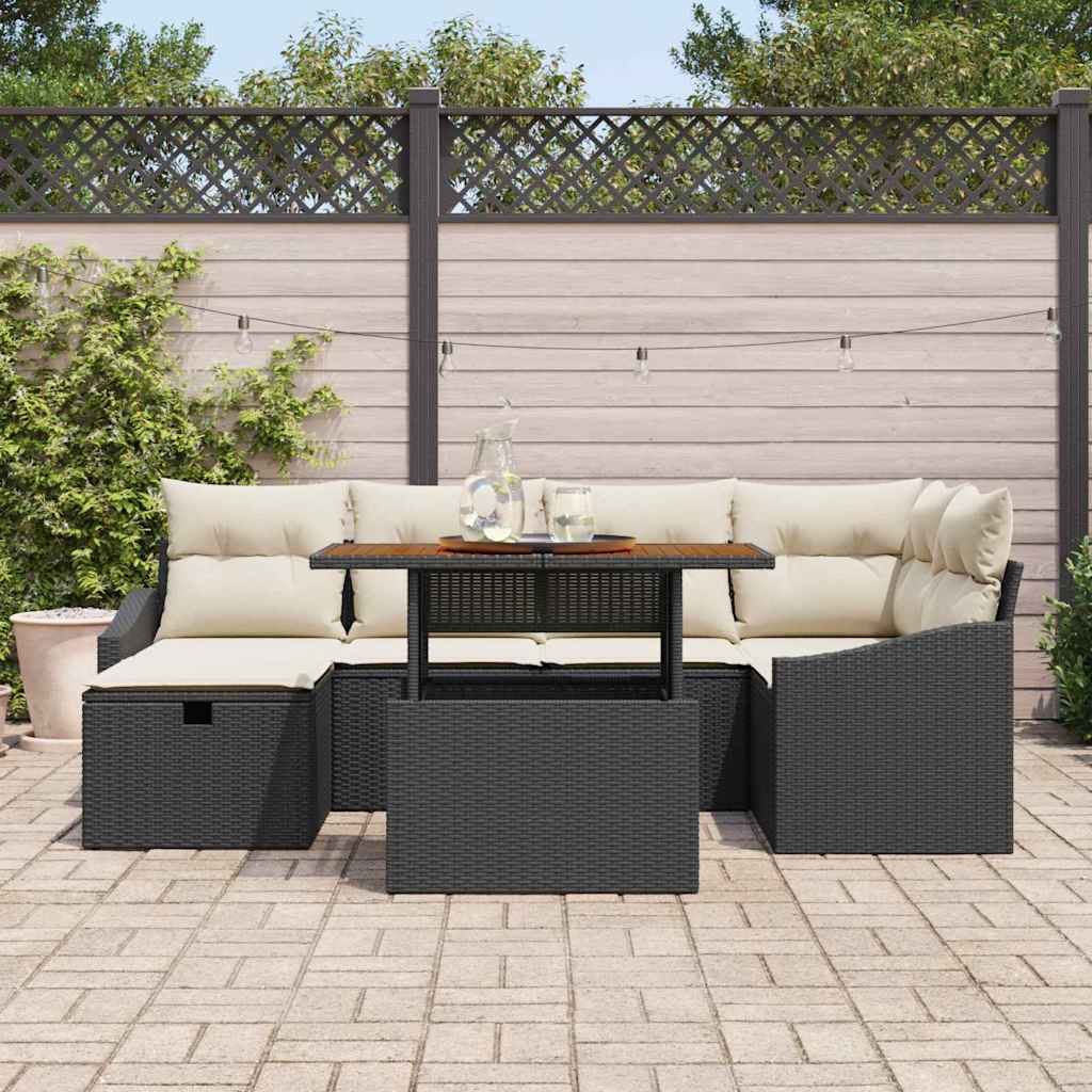 vidaXL 7-delige tuinset met kussens zwart poly rattan