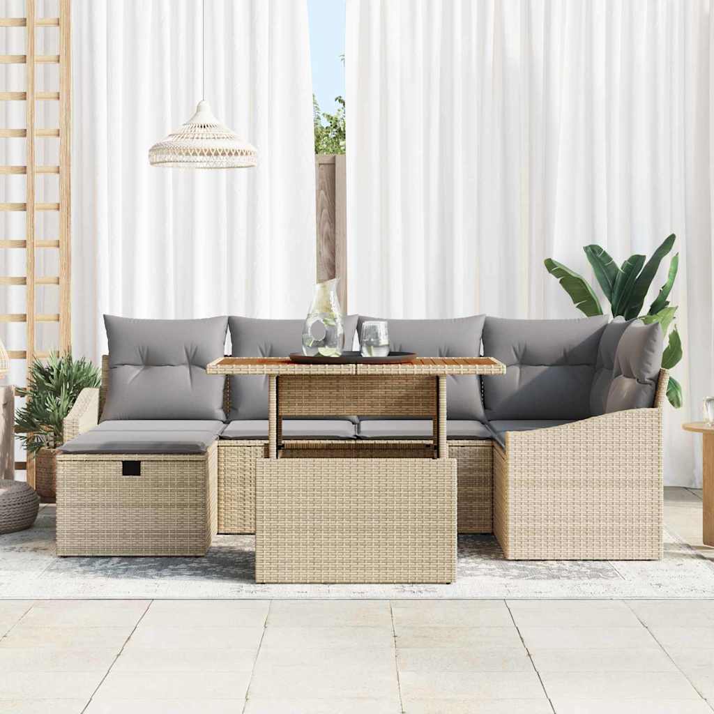 vidaXL 7-delige tuinset met kussens in beige poly rattan