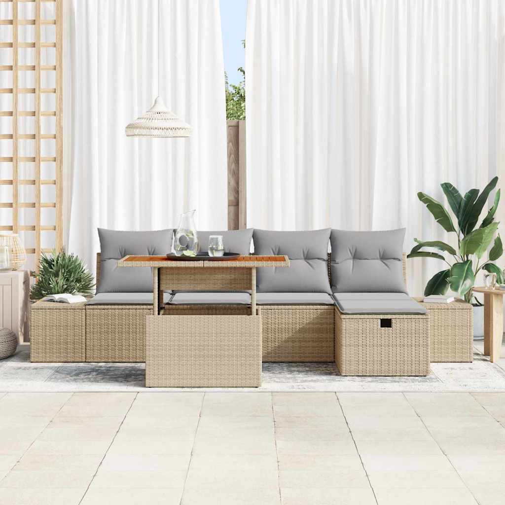 vidaXL 6-delige Tuinbankenset met kussens poly rattan beige