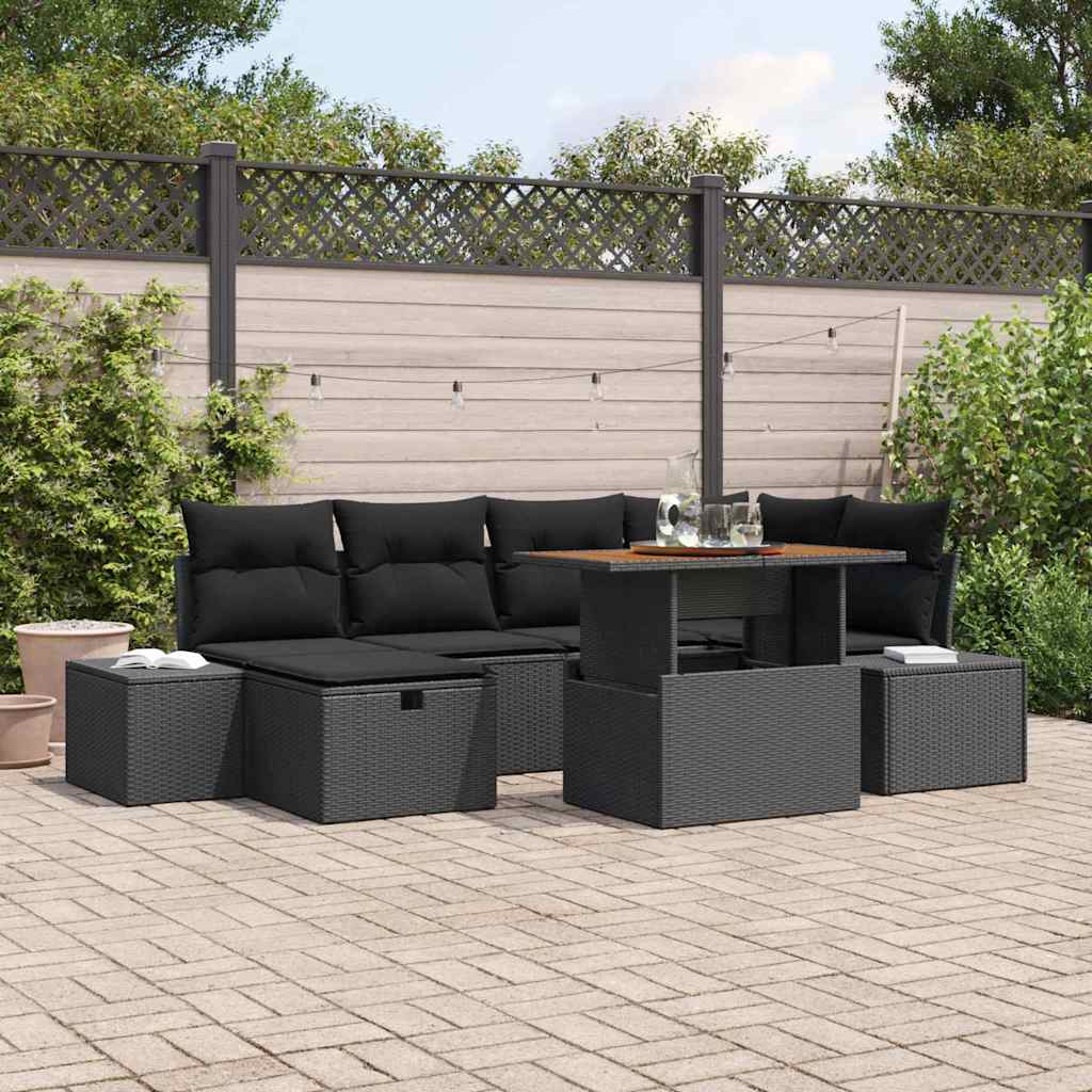 7-tlg. Garten-Sofagarnitur mit Kissen Schwarz Poly Rattan