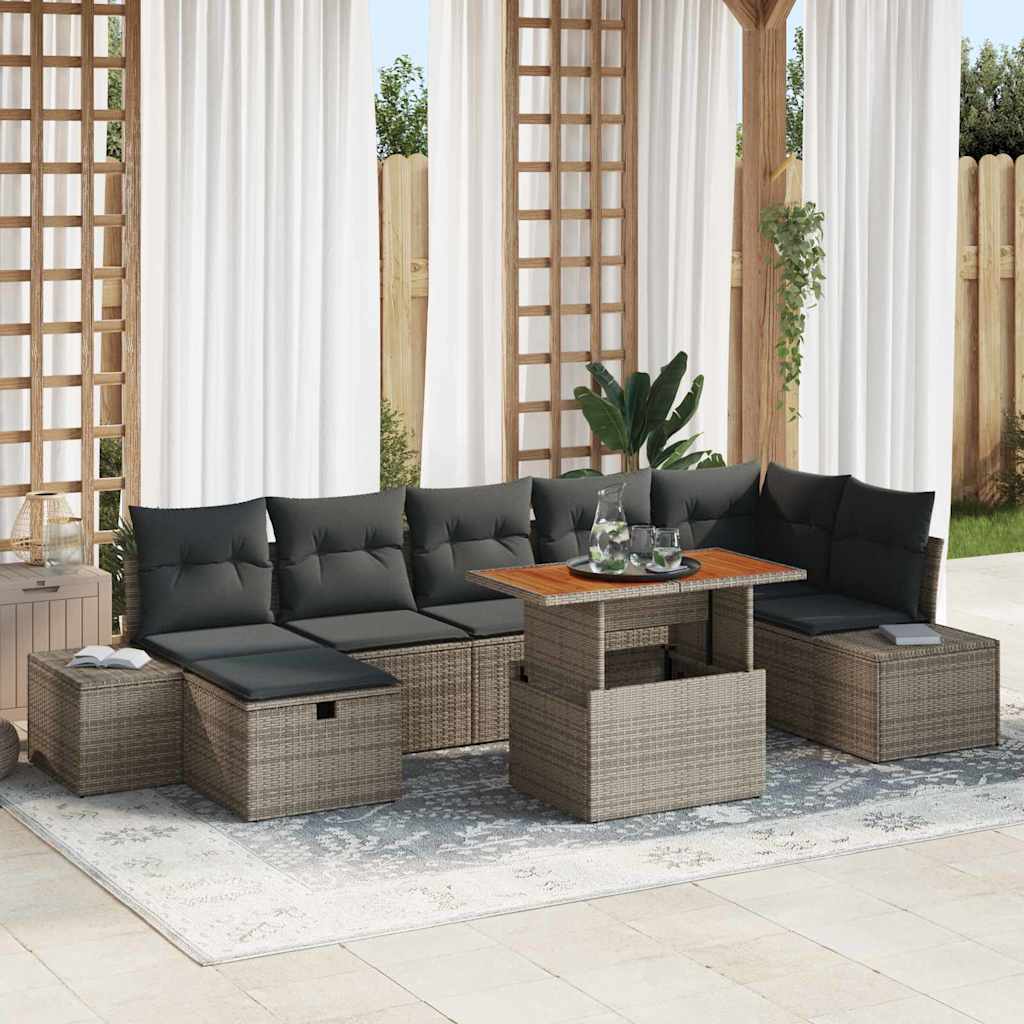 8-tlg. Garten-Sofagarnitur mit Kissen Grau Poly Rattan