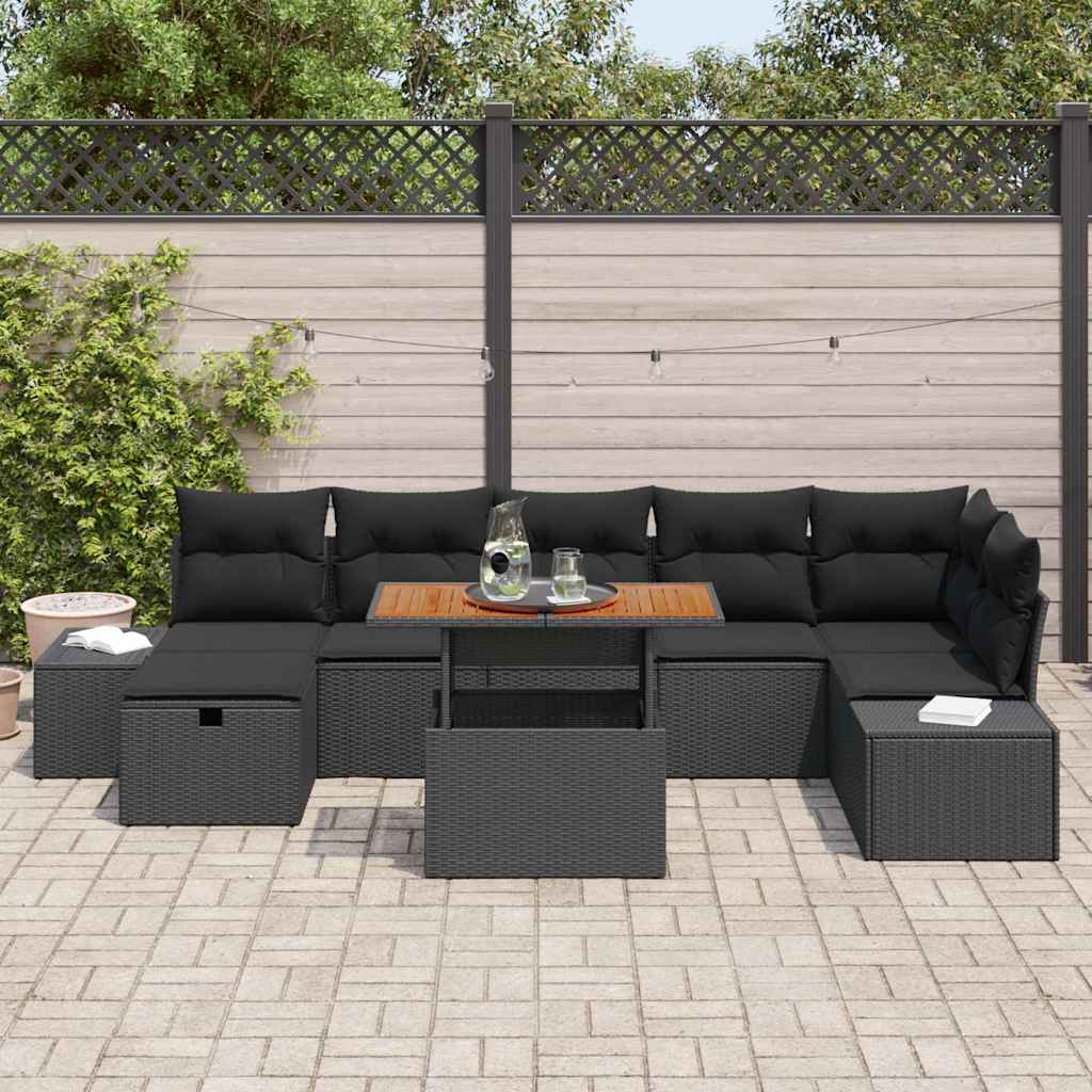 vidaXL 8-delige Tuinbankenset met kussens poly rattan zwart