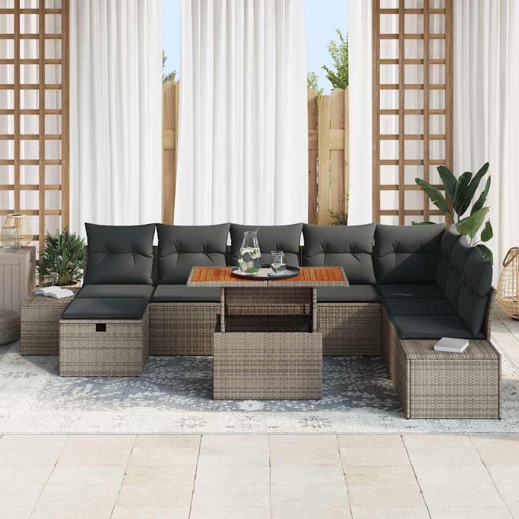 vidaXL 9-delige tuinset met kussens grijs poly rattan