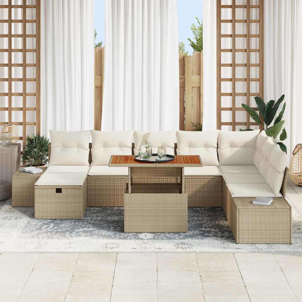 vidaXL 9-delige Tuinbankenset met kussens poly rattan beige