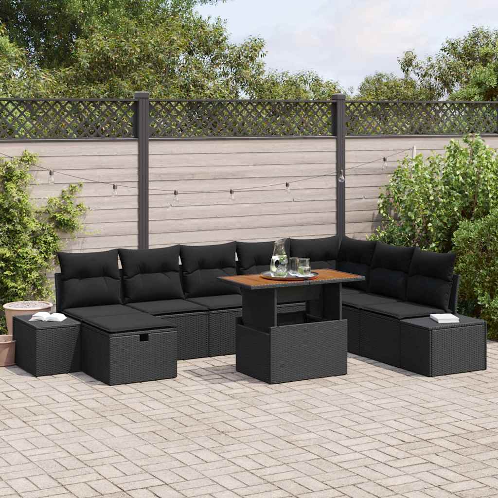 9-delers Have Sofasæt med Puder Sort Poly Rattan