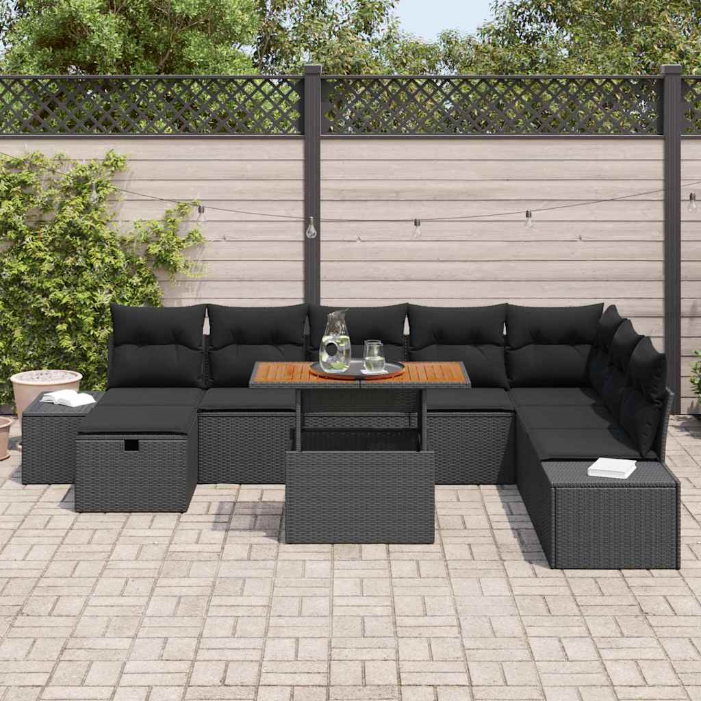 vidaXL 9-delige Tuinbankenset met kussens poly rattan zwart