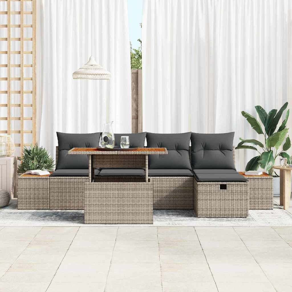 vidaXL 6-delige Tuinbankenset met kussens poly rattan grijs